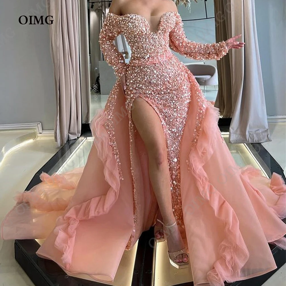 Sparkly Sequin Pink Mermaid Evening Dresses Off Shoulder Long Sleeves Applique Arabic Women Formal Plus Size Prom Gowns Custom