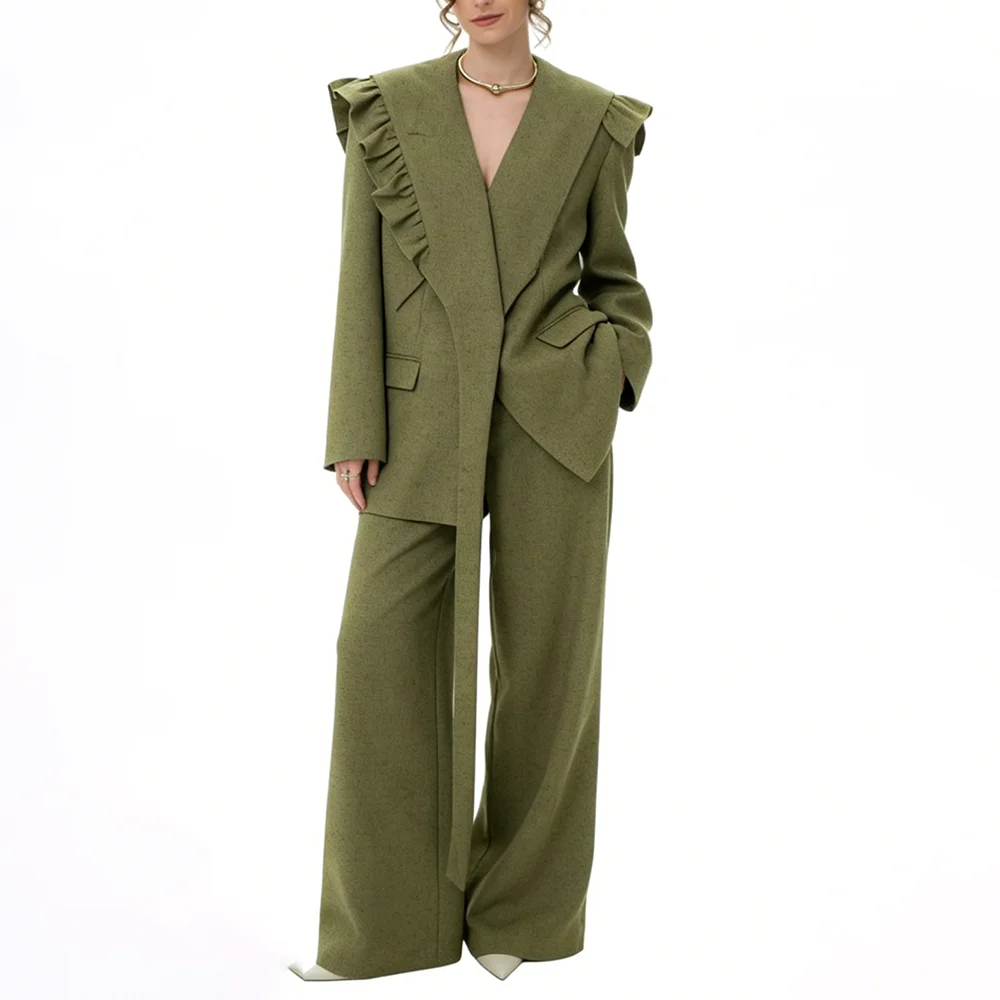 

Nova 2026 New Women Ruffle Trim Blazer Set Olive Green Long Sleeve Wide Leg Pants Two Piece Outfit