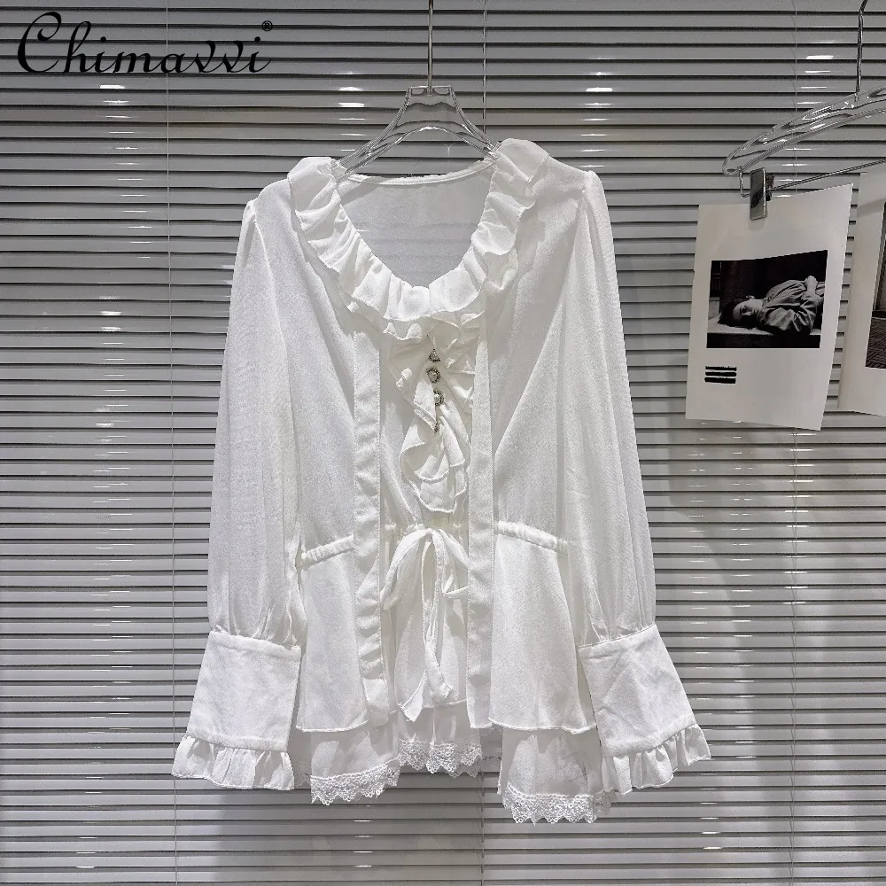 

French Elegant Socialite Ruffles V-Neck Long Sleeve Pearl Button Single-breasted Loose Lace-up White Chiffon Blouse Shirt Women
