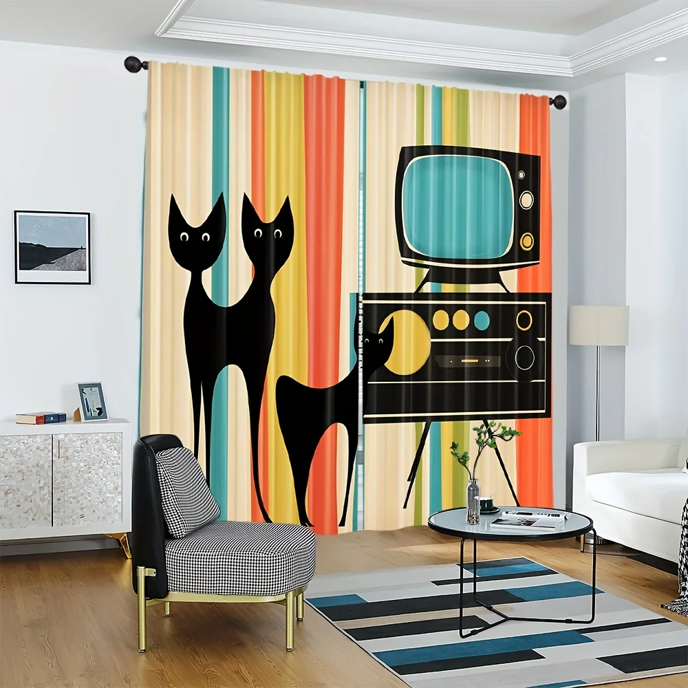 Retro Cat TV Curtain, Vintage Atomic Age Window Drape, Mid Century Modern Blackout Panel, Living Room Home Decor