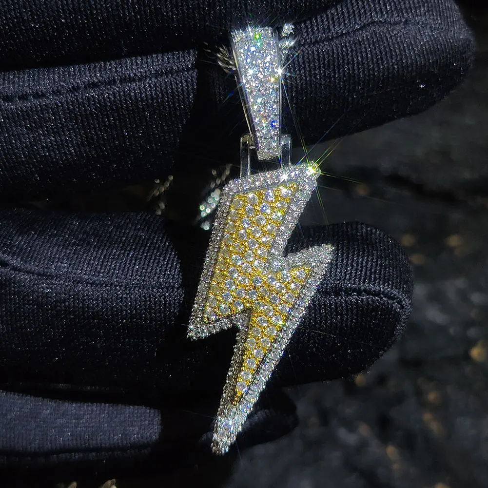 Men's Women's Diamond CZ Iced Out Lightning Bolt Pendant Solid 18K Gold Plated Double Color Necklace