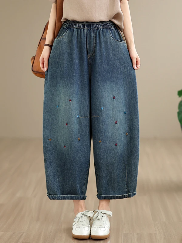 Retro Embroidered Wide Leg Loose Women's Jeans High Waist Cotton Denim Artistic Style Summer Fashion Korean Version