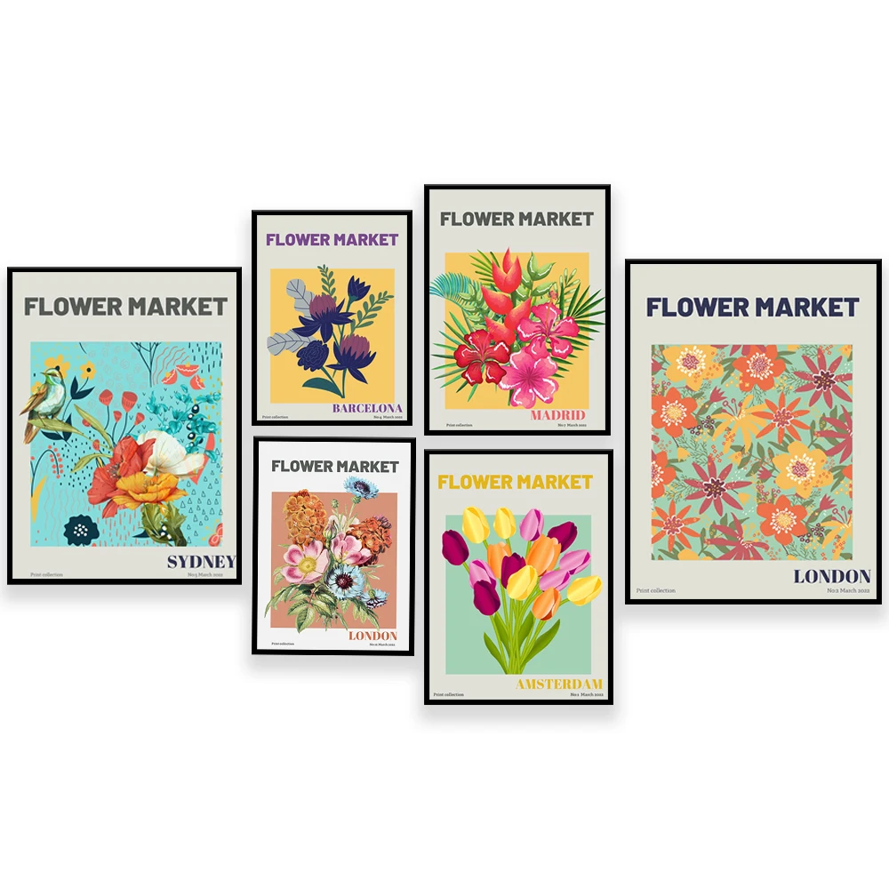 Póster del mercado de flores de Estocolmo, Madrid, Tokio, Londres, Barcelona, Sídney, Milán, imagen impresa en lienzo botánico de flores de primavera