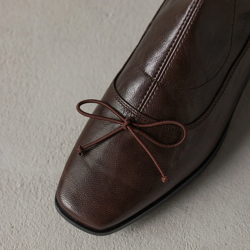 여성용 새 가죽 양가죽 보우 스퀘어 토와 종아리 중간 굽 지퍼 탄성 부츠 슬림 부츠 복고풍 패션 숏부츠