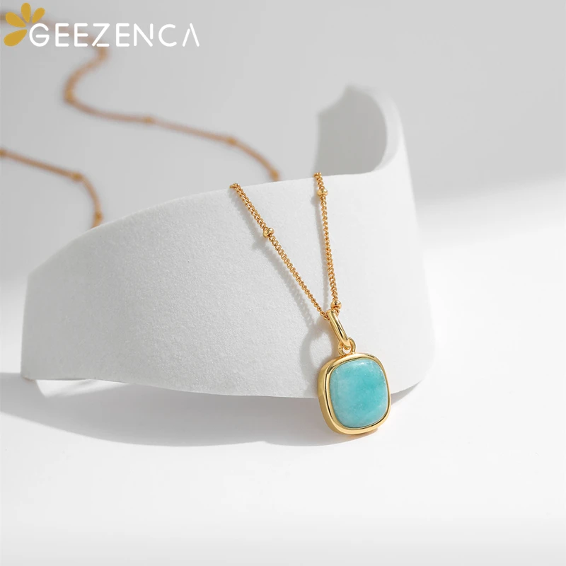 GEEZENCA Natural Amazonite 925 Silver Pendant Necklace For Women Luxury 18k Gold Blue Stone Minimalism Chic Necklaces 2024 New