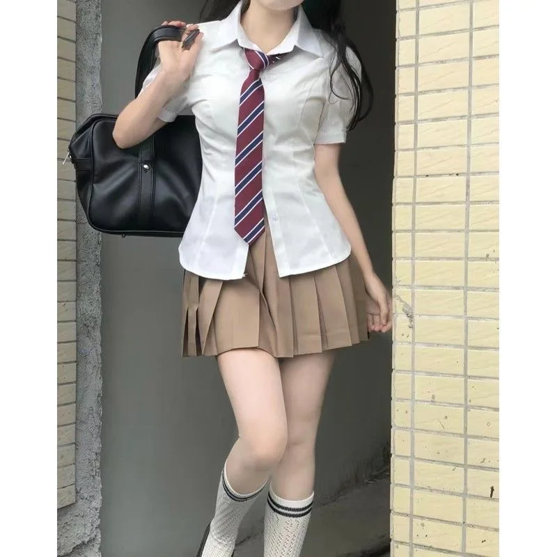 Japan Hot Girl Jk Uniform Sets College-Stijl Poff Mouwen Slanke Taille Bandage Shirt Dames Korte Mouwen Shirt Geplooid Rok Pak