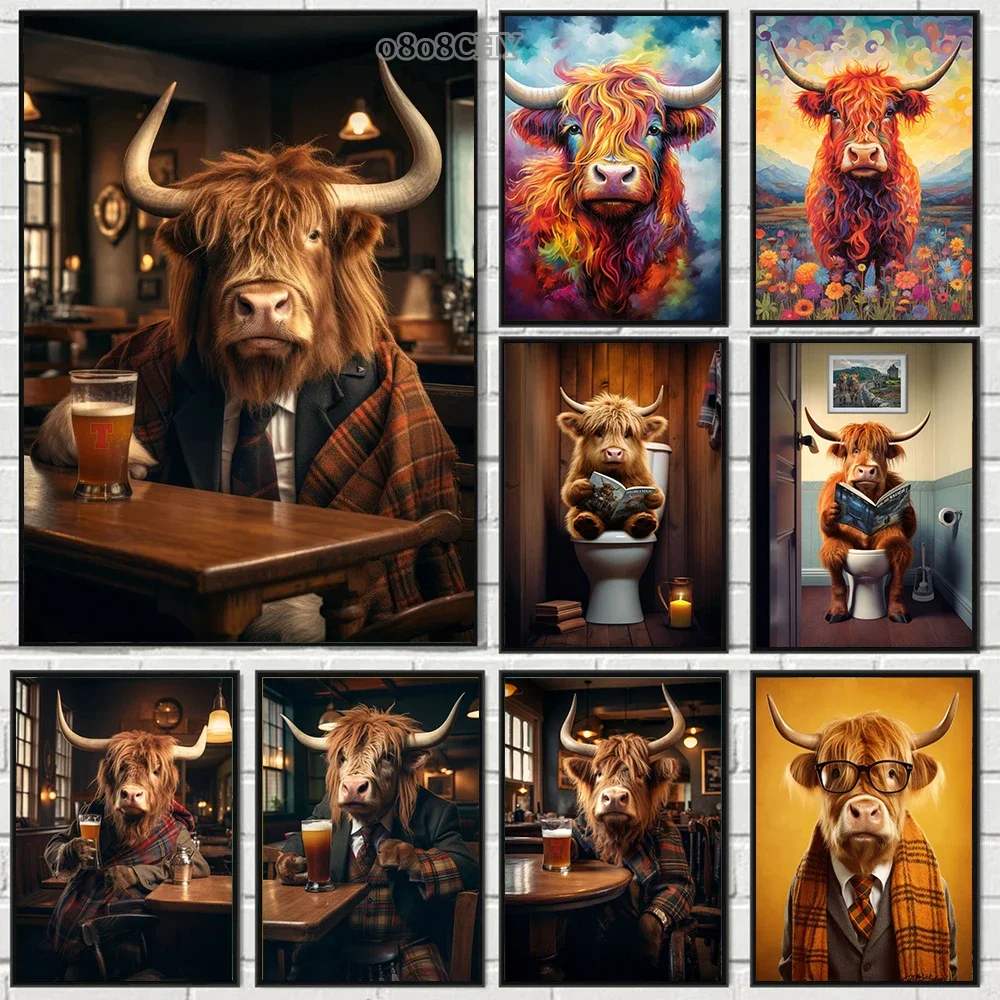 Funny Highland Cows Drinking Beer Portrait Posters Prints Floral Highland Cow Colorful Art Canvas Painting for Home Decor Mur