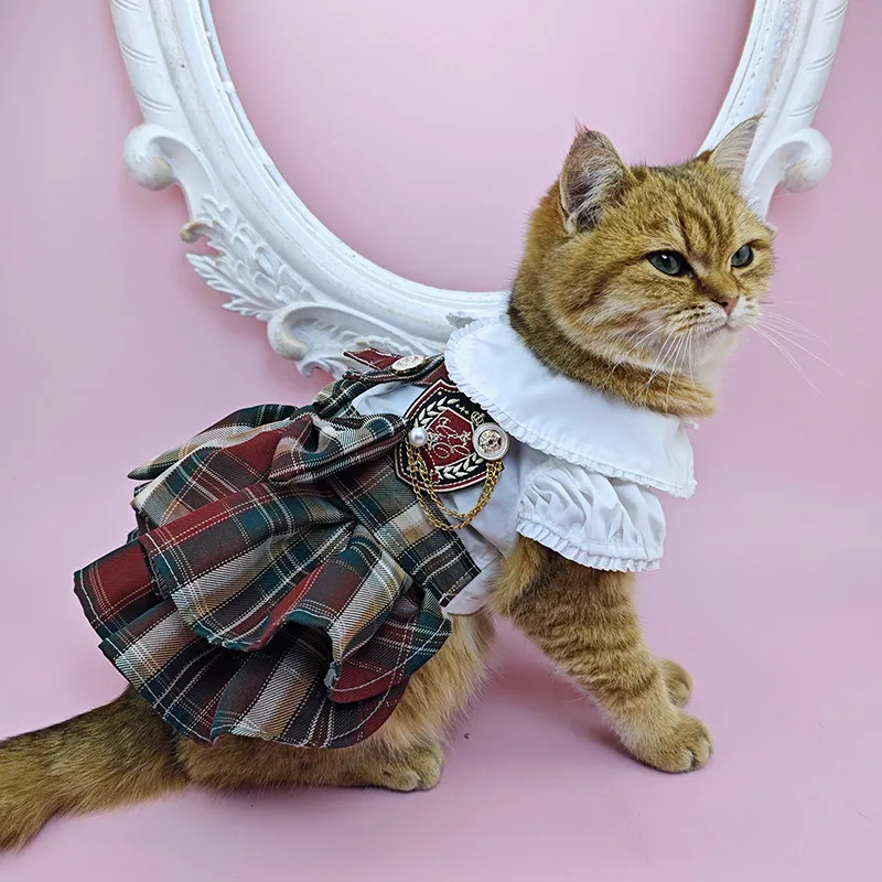 Cute Plaid Dog Costume Summer Dress for Girls Small to Medium Dogs Spring Skirt Cat Accessories Puppy Clothes