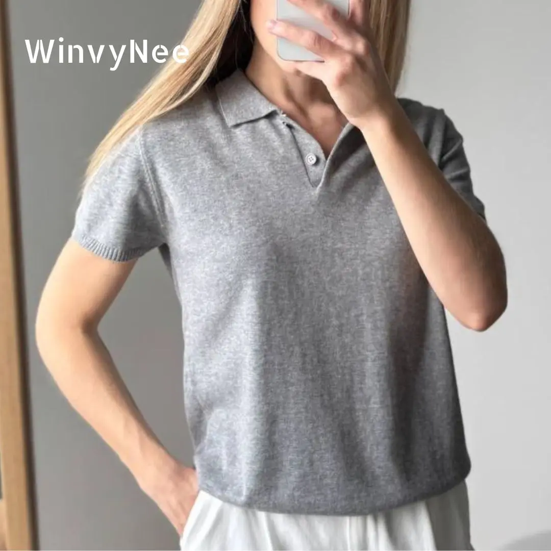 

Женская одежда WinvyNee, футболка из 100% хлопка с короткими рукавами и воротником-поло, вязаные топы Y2k, однотонные повседневные пуловеры, женские A1522006A