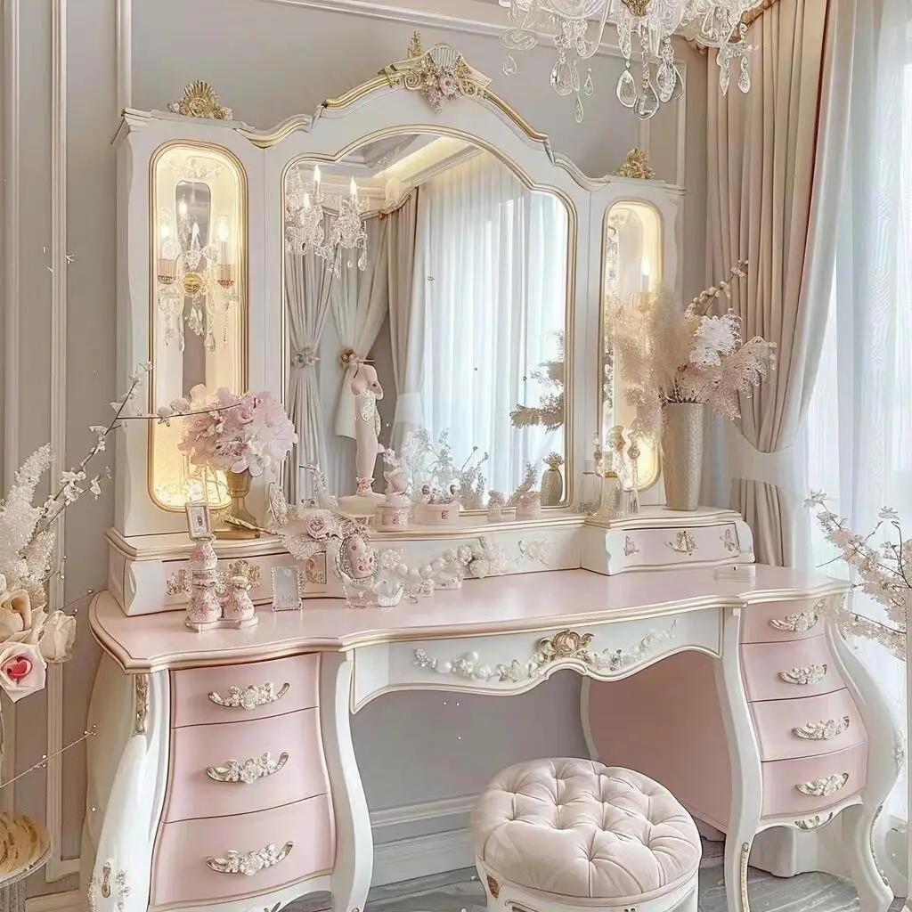 

!@European Style Luxury Extendable Adjustable Dressing Table with Mirror and Drawers for Bedroom Hotel & Apartment Use