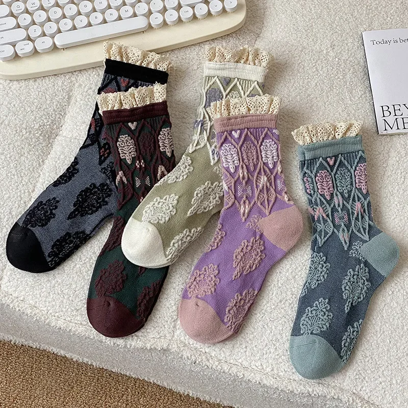 Lace Ruffle Socks Women JK Japanese Style Sweet Girls Lolita Kawaii Socks Ethnic Harajuku Retro Streetwear Middle Tube Socks Sox