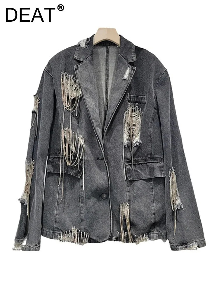 

DEAT Women's Denim Blazer Broken Holes Washed Black Diamonds Tassel Chians Notched Collar Suit Jackets 2024 Autumn New Fashion