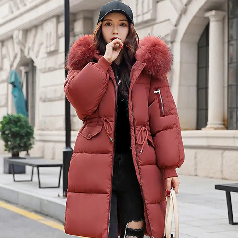 Women Jacket Stylish Women\'s Winter Jacket with Furry Hood Drawstring Waist Zipper Closure Mid Length Windproof Down for Weather