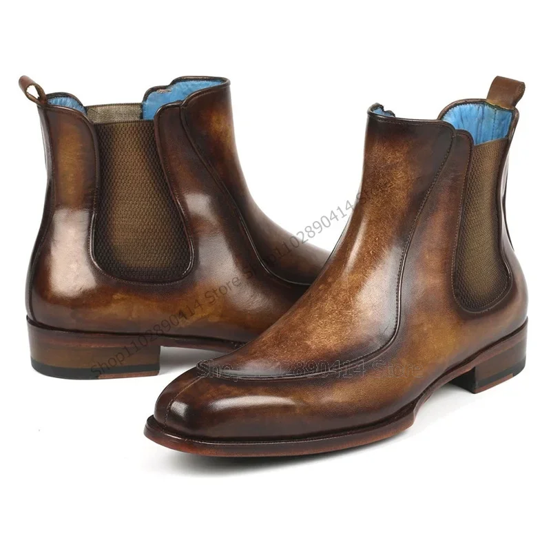 

Brown Black Gradient Color Sewing Design Boots Fashion Slip On Men Shoes Luxury Handcraft Party Banquet Office Men Dress Shoes