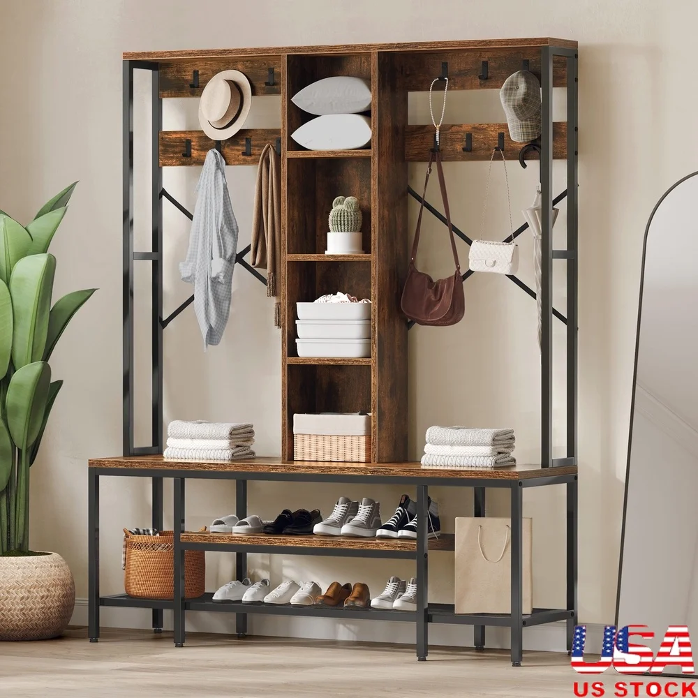 

5-in-1 Rustic Brown Hall Tree with Shoe Storage 14 Coat Hooks Entryway Bench Mudroom Organizer Sturdy Metal Frame Easy Assembly