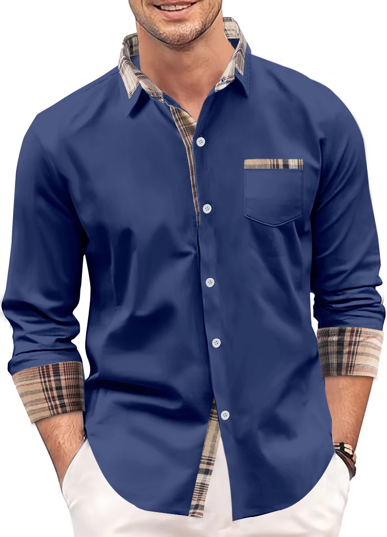 2024 New Summer Fashion Men\'s Color Matching Business Slim Casual Long-Sleeved Shirt