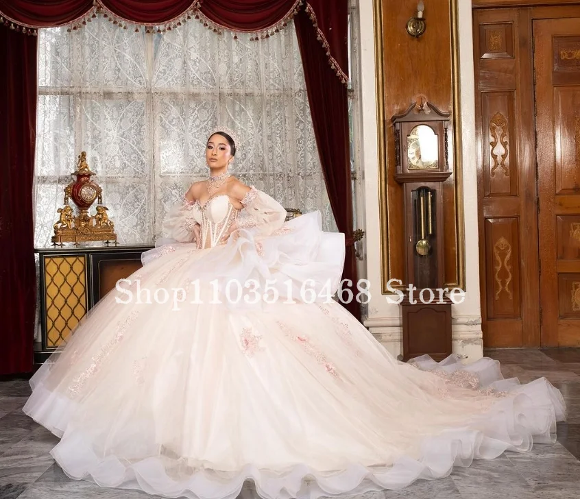 Princess Pink Quinceanera Dresses 2024 Luxury Chapel Train Sweetheart Neck Corset Wedding Dresses Removable Sleeve 16 Dress