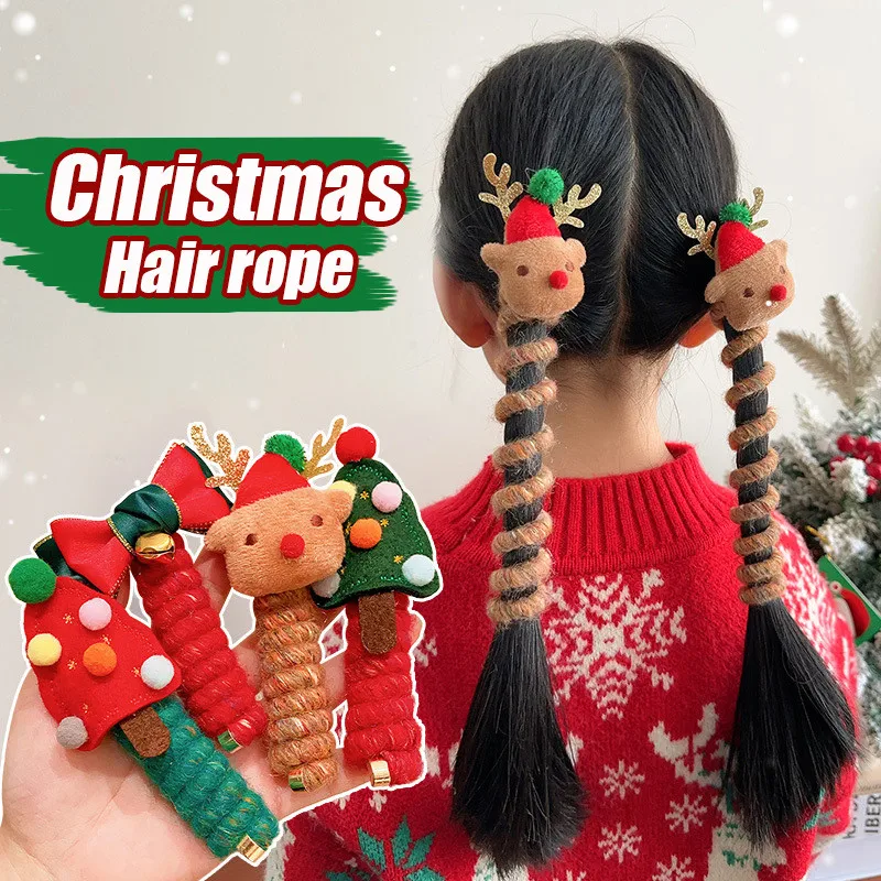 Christmas Telephone Cord Hair Tie Kids Girl Ponytail Hair Rope Cute Scrunchies Winter Spring Coil Hair Ring