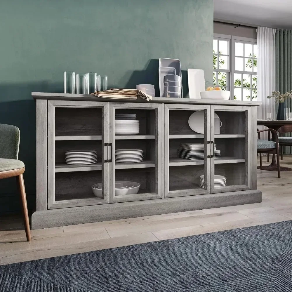 Cabinet, Living Room Furniture, Glass Display Cabinet with Storage Space and Adjustable Shelves, Living Room Cabinet, Stone Gray