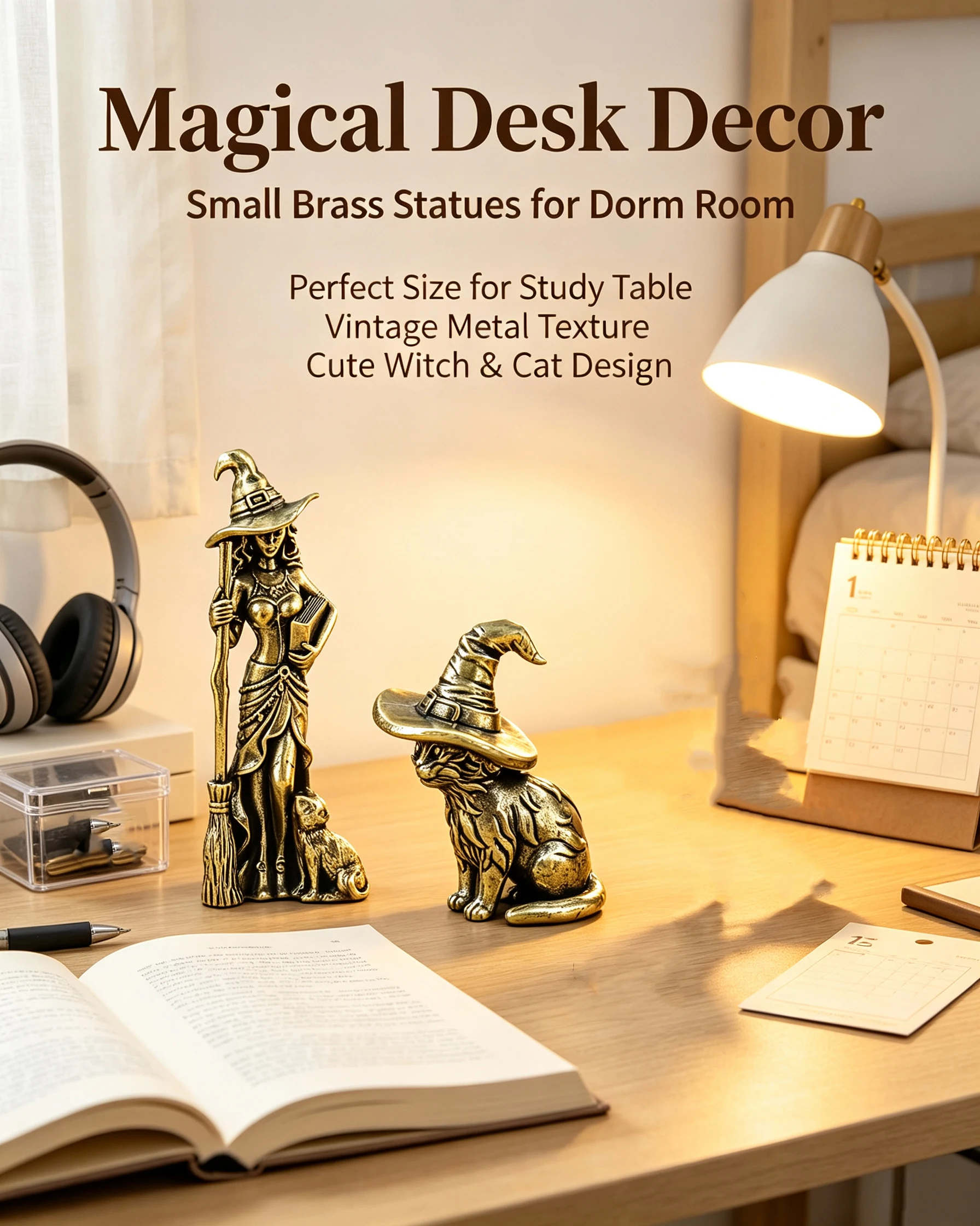 Brass plated vintage witch magic cat ornament decoration, office desktop crafts, home decor