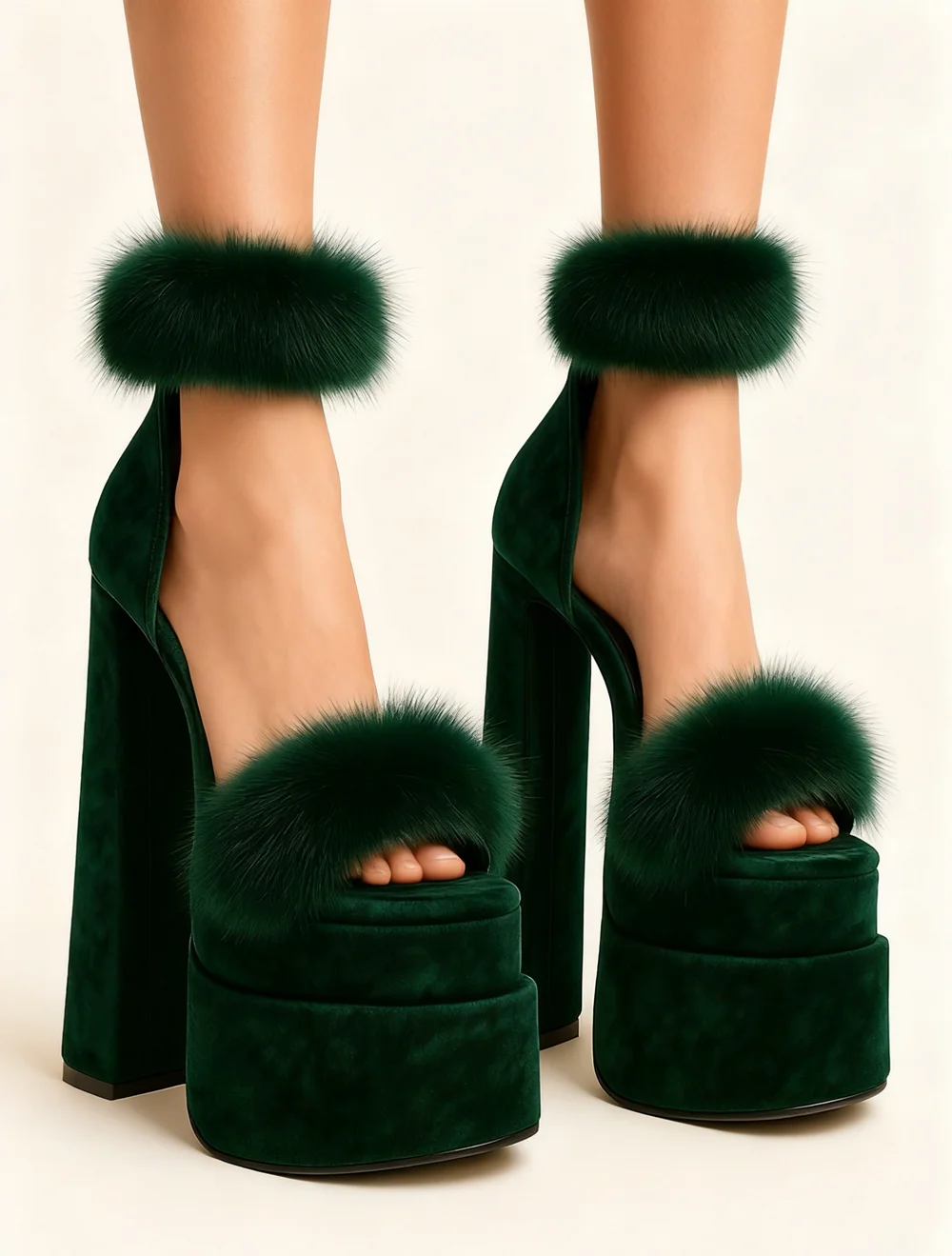 الأخضر المخملية منصة جولة تو الكعوب فو الفراء لهجات مكتنزة كتلة كعب المفتوحة تو تصميم الأزياء لوكس سميكة عالية الكعب لسيدة