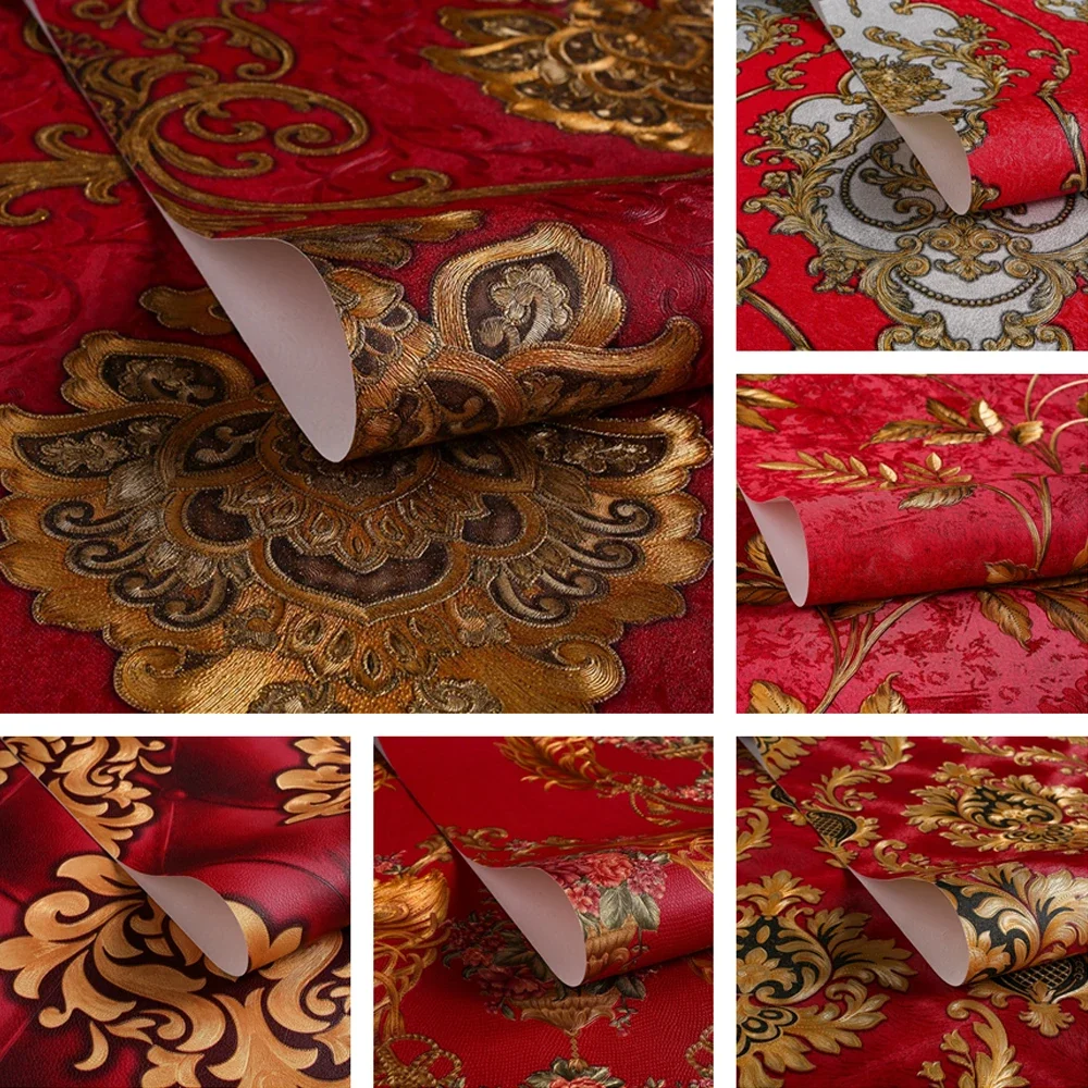 

Luxury Red Damask Wllpaper Retro 3D Stereo European Floral Wallpaper Damascus Bedroom Living Room Sofa Background Ktv Wall Mural