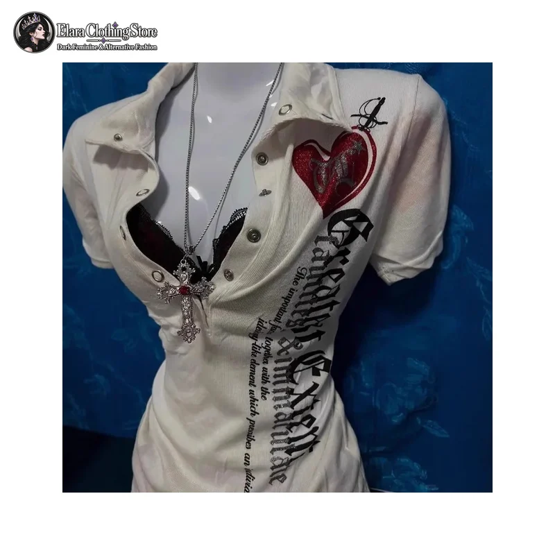 Y2k Gothic Letter Heart Print Short Sleeve T Shirt Womens Slim Fit Snap Collar Ribbed Knit Casual Fitted Graphic Pullover Top