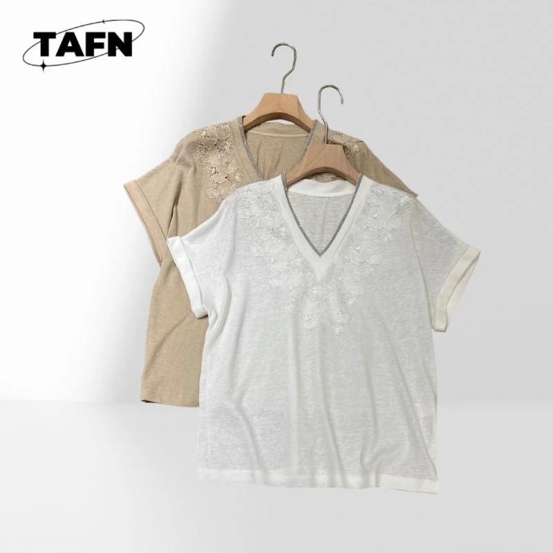 Women V‑Neck cotton Floral Patch T‑Shirt Roll‑Up Short Sleeve Casual Blouse Summer Loose Daily Office Ladies Top BG1765