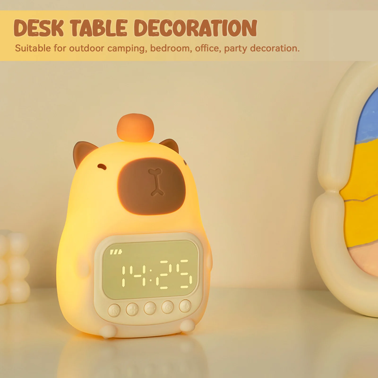 Cute Rechargable Kids Alarm Clock Night Light Touch Snooze Always-on Display Desktop Table Clock 12/24H Alarm Music LED Clock