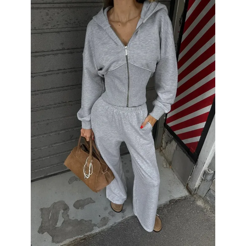 

Spring Autumn American Fashion Simple Gray Slim Hoodie Straight Leg Trousers Female Sets Women's Casual Pants 2 Pieces Set