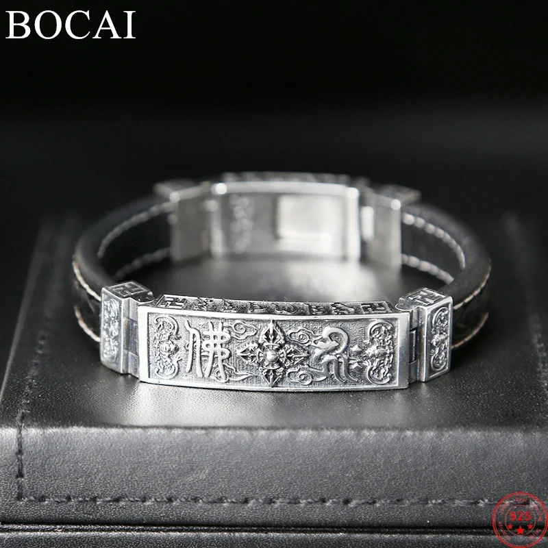 

BOCAI S925 Sterling Silver Bracelets for Men Buddhist Vajra Pestle Bat Pattern Leather Hand Chain Men's Bangle Free Shipping