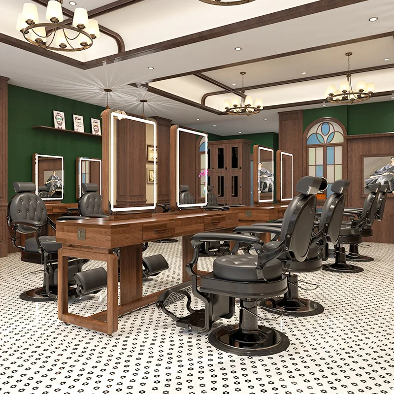 New hair salon retro solid wood mirror table barber shop special mirror perm and dyeing cabinet integrated double-sided