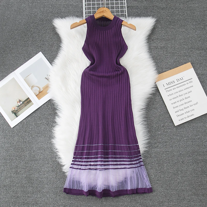 Summer See Through Mesh Spliced Knitted Dress Women Casual Loose Sleeveless Black Purple Midi Long Dress Vest Vestidos