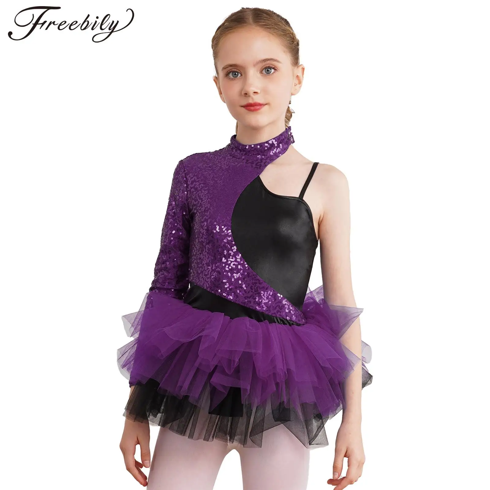 Kid Girls Ballet Dress Skating Gymnastics Jazz Dance Cha-cha Performance Costume One Shoulder Shiny Sequin Tulle Leotard Tutu