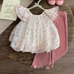 Summer Girls' Clothing Sets Baby Sweet Flying Sleeve Floral Doll Shirt Top+Striped Mosquito Resistant Pants Elegant Kids Clothes