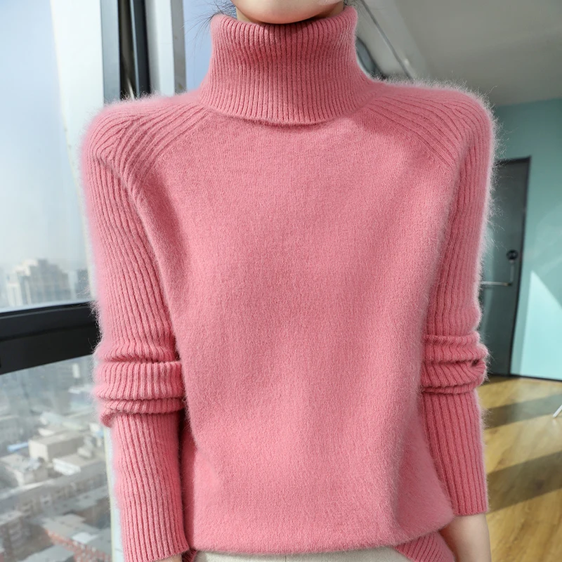 Turtleneck 100% Mink kasmir Sweater rajut wanita, atasan hangat kasual Fashion wanita lengan panjang polos longgar pakaian luar musim dingin