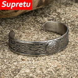 Vintage Vikings Compass Cuff Bangle Men Stainless Steel Norse Runes Vegvisir Opening Adjustable Bracelet Charm Jewelry Male Gift