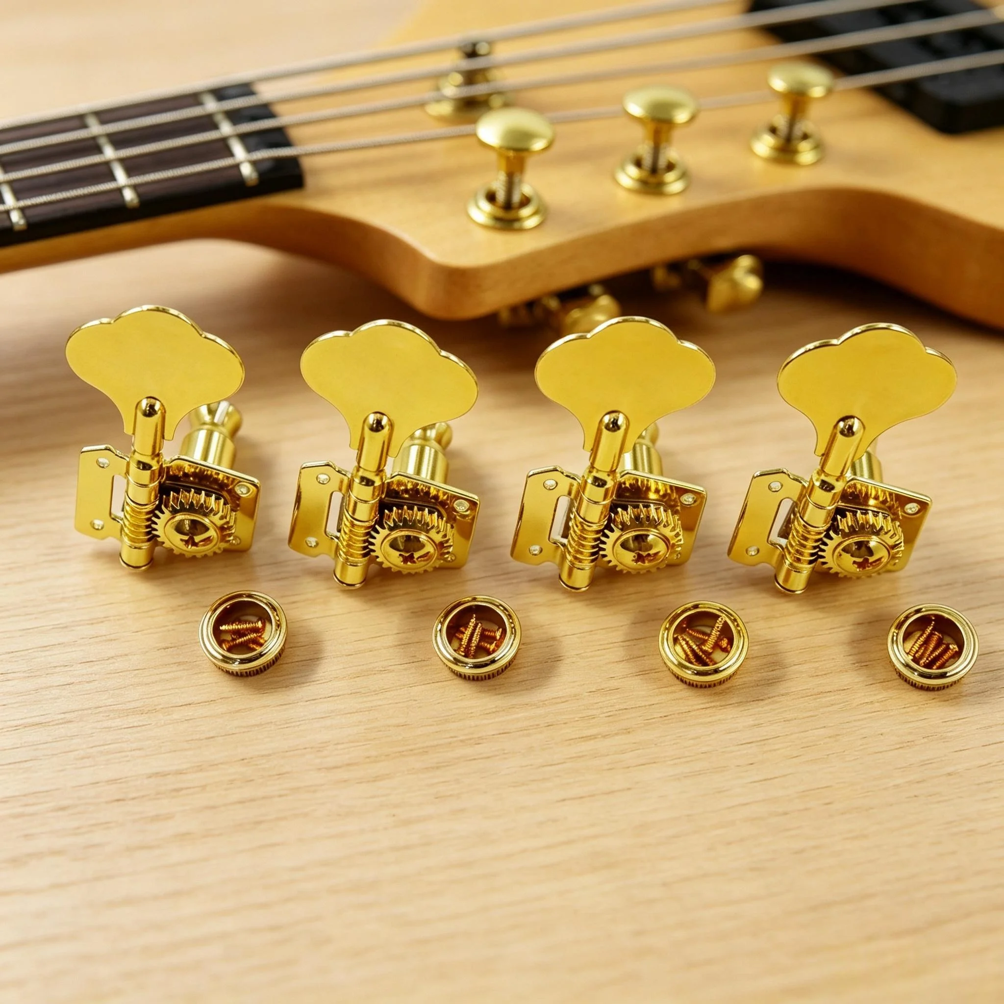 RUKOVA A Set Open Style Electric Bass Tuning Machine Heads Tuners 4R, Available in Golden / Black / Chrome