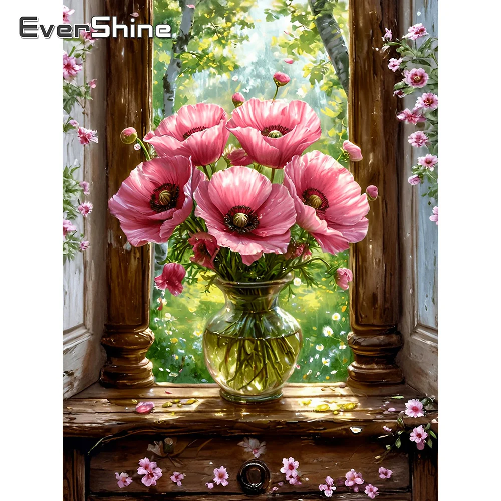 Evershine – peinture diamantée carrée et ronde, image de fleur de pavot, broderie de strass, mosaïque DIY pour fenêtre, décoration pour la maison