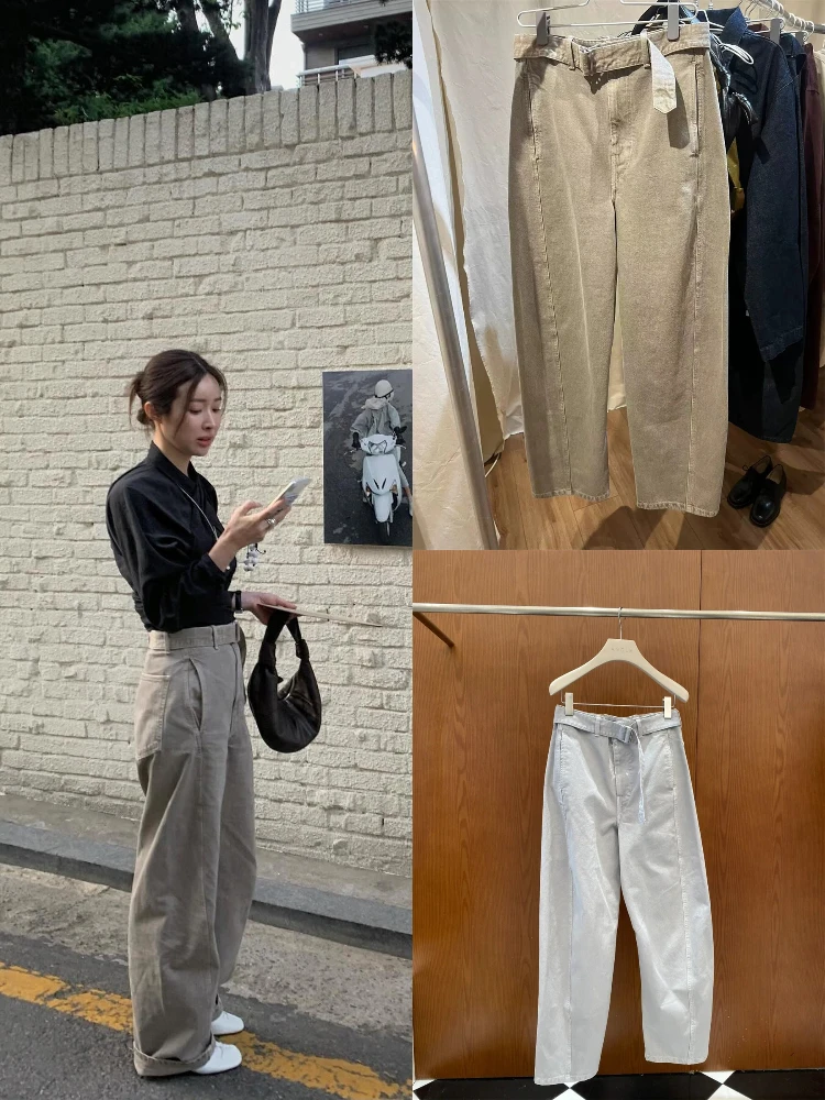 

Spring Qijingyan Versatile Belted Slimming Wide Leg Casual Denim Jeans High Waist Zipper Closure Cotton Stretch Fabric
