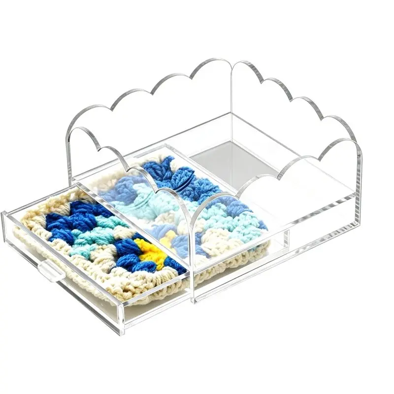 M11K-Scalloped Acrylic Needlepoint Tray With Slide-Out Drawer 4X 4″ Small Clear Display Case For Photos, Art & Embroidery