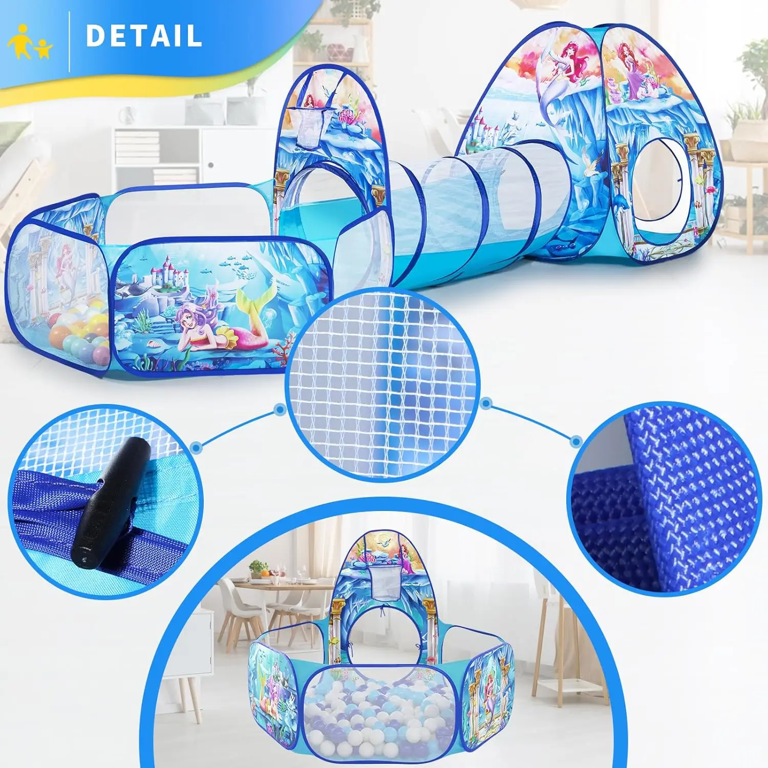 3-in-1 Meerjungfrau-Kinderspielzelt mit Spieltunnel, Bällebad, Basketballkorb für Jungen und Mädchen, Pop-Up-Spielhausspielzeug für Kleinkinder für Bab