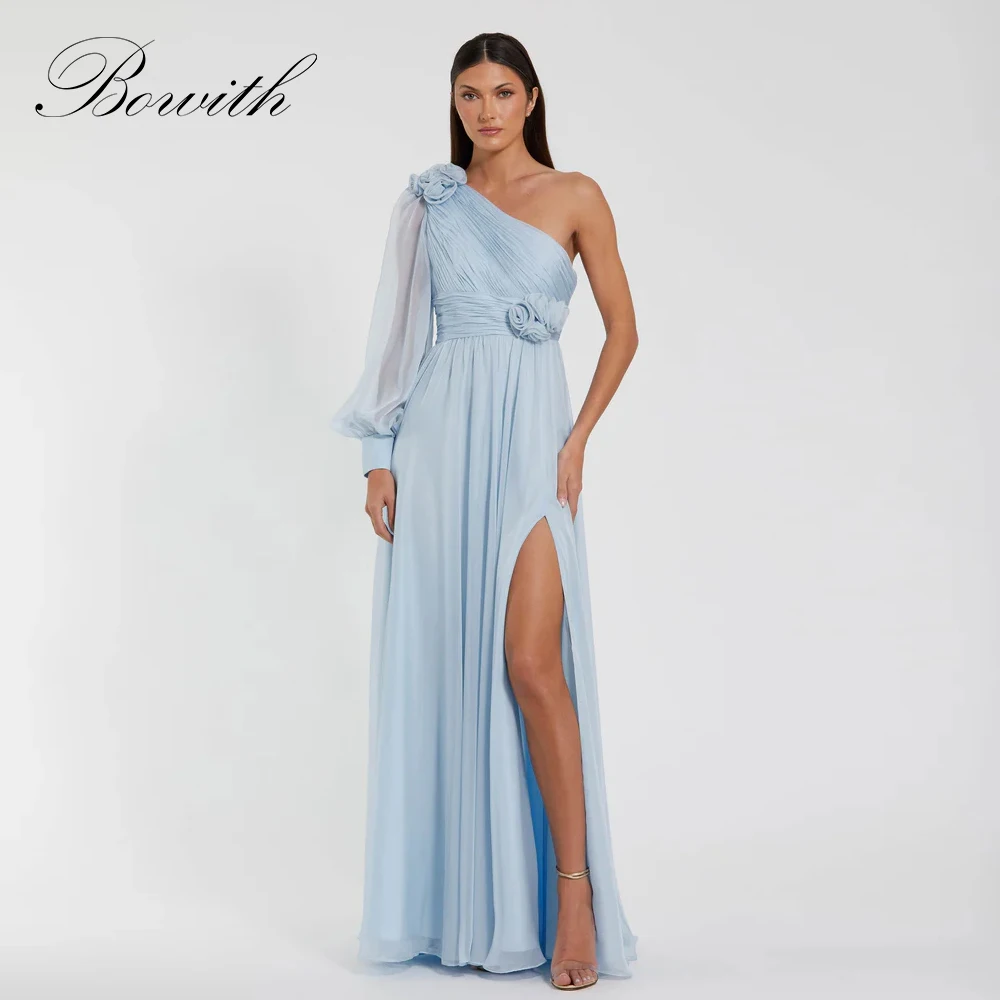 

Bowith Blue One Shoulder A-Line Evening Gown With 3D Flowers Customized Side High Slit Sexy Prom Dresses Women Party Gown