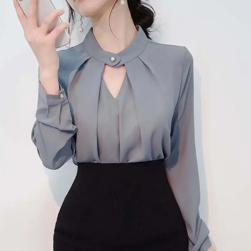 Camisa de chiffon branca para mulheres, tops de manga comprida, botão oco, blusa elegante solta sólida, roupas de moda, novas, primavera