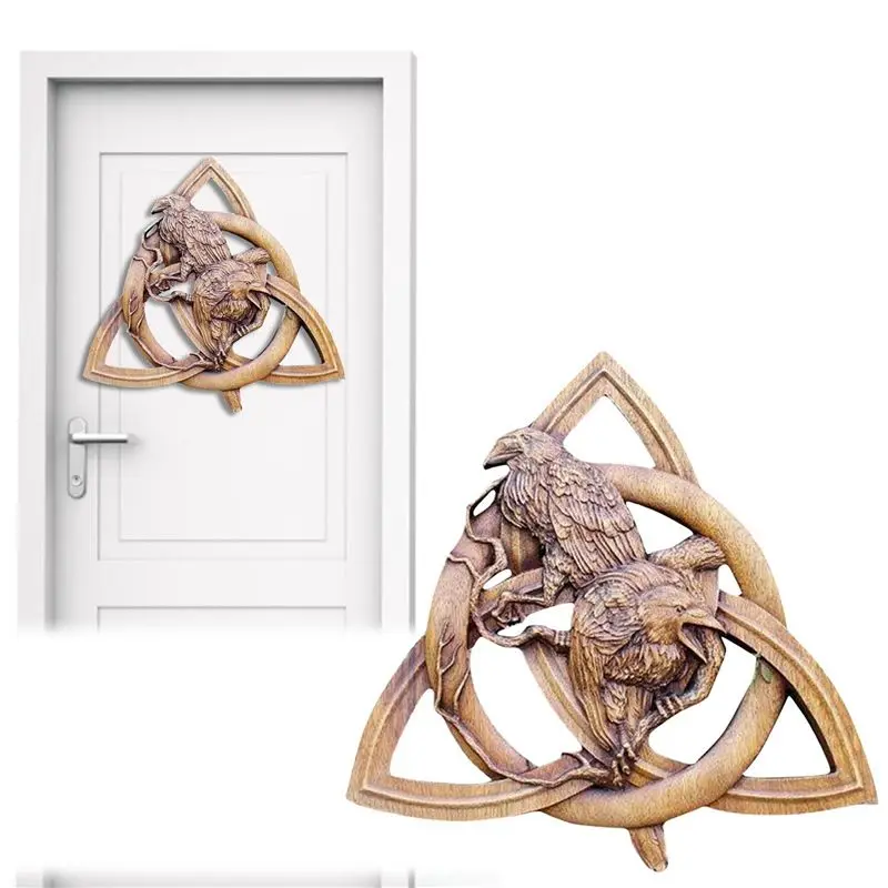 B84B Norse Pagan Gods Wall Hanging Decor, 2X Carving Heathen Norse Rune Resin Statues, Odin Raven Yard Decoration, 20x20cm