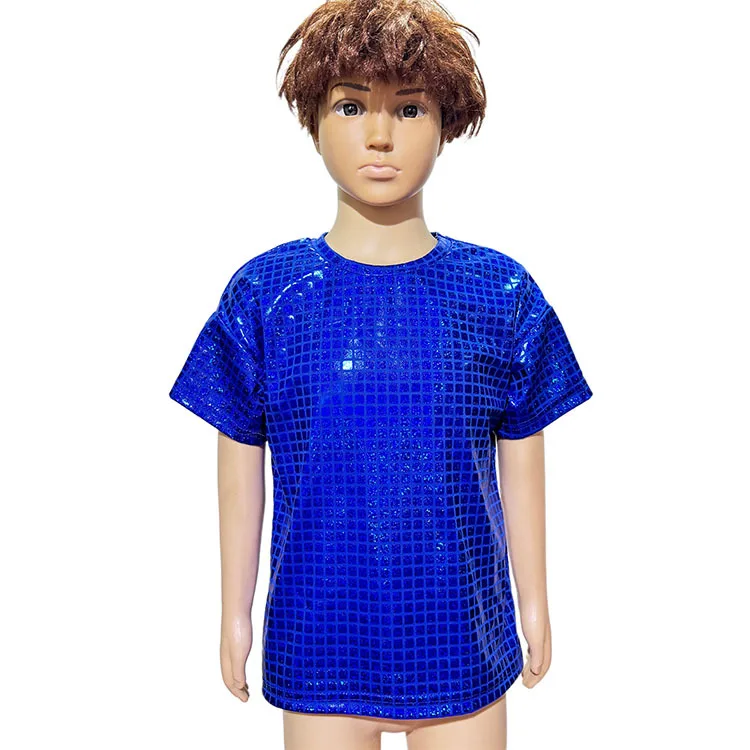 2026 Kids Girls Boys Jazz Hip Hop Dance Top Metallic Shiny Plaid Sequins T-shirt Cheerleading Stage Performance Street Dancewear