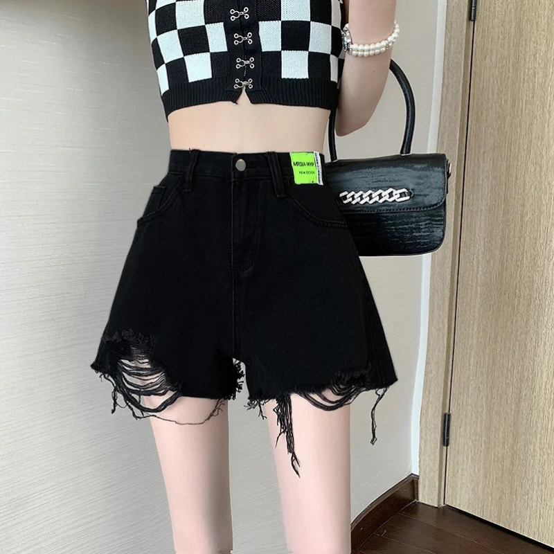 Denim Shorts Women\'s Summer Korean Version High Waist Loose and Thin A-line All-match Ripped Design Mini Pants Ins Rave Y2k Jean