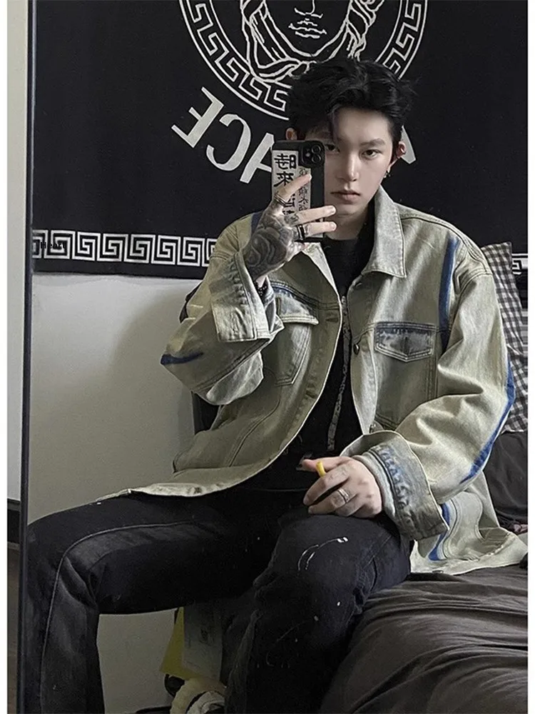 

Ретро-джинсовая куртка в американском стиле для мужчин, весна-осень, с оригинальным дизайном, тай-дай, рабочая одежда, модная синяя джинсовая куртка