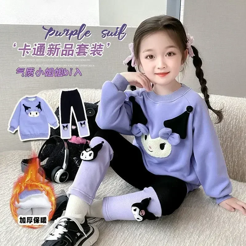 Kuromi Anime Sanrio Kawaii Fashion Cashmere Hooded Pants Set Autumn Winter Cute Long Sleeve Shirt Clothing Two Piece Set Gifts