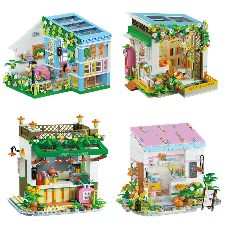 Mini casa de flores con vista a la calle de ciudad japonesa, tienda de comestibles hecha a mano, juego de bloques de construcción Diy, decoración de habitación, regalos del Día de San Valentín